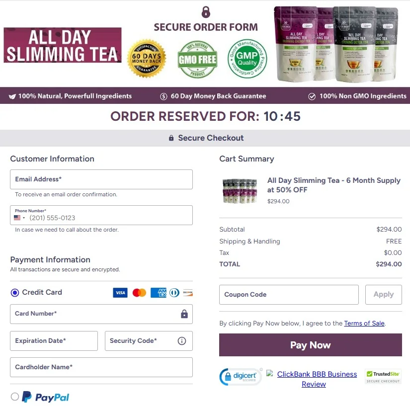 All Day Slimming Tea order page